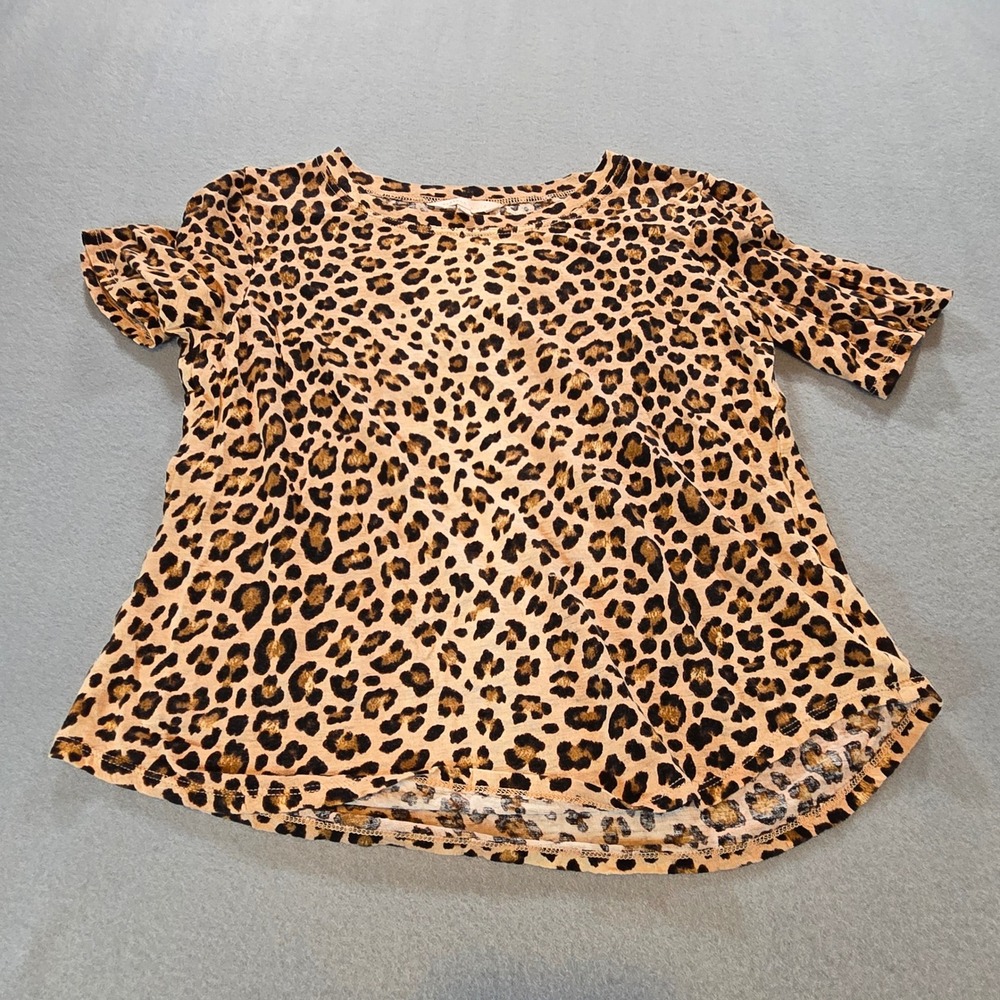 Rebecca Taylor T-Shirt Womens Small Tan Leopard Print 100% Linen‎ Short Sleeve